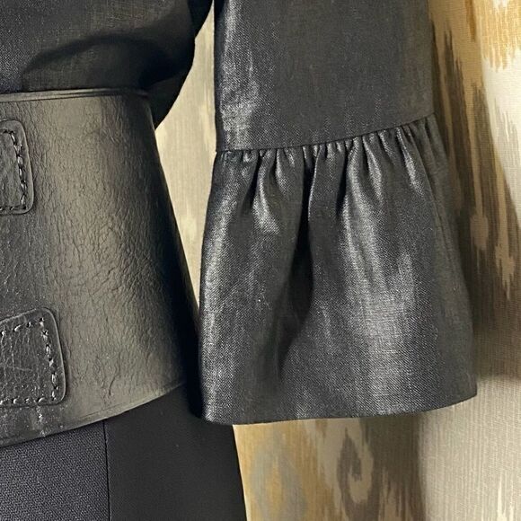 Ralph Lauren Black Label Jet Black Polished Linen Cropped Ruffle Sleeve Jacket - Picture 9 of 16